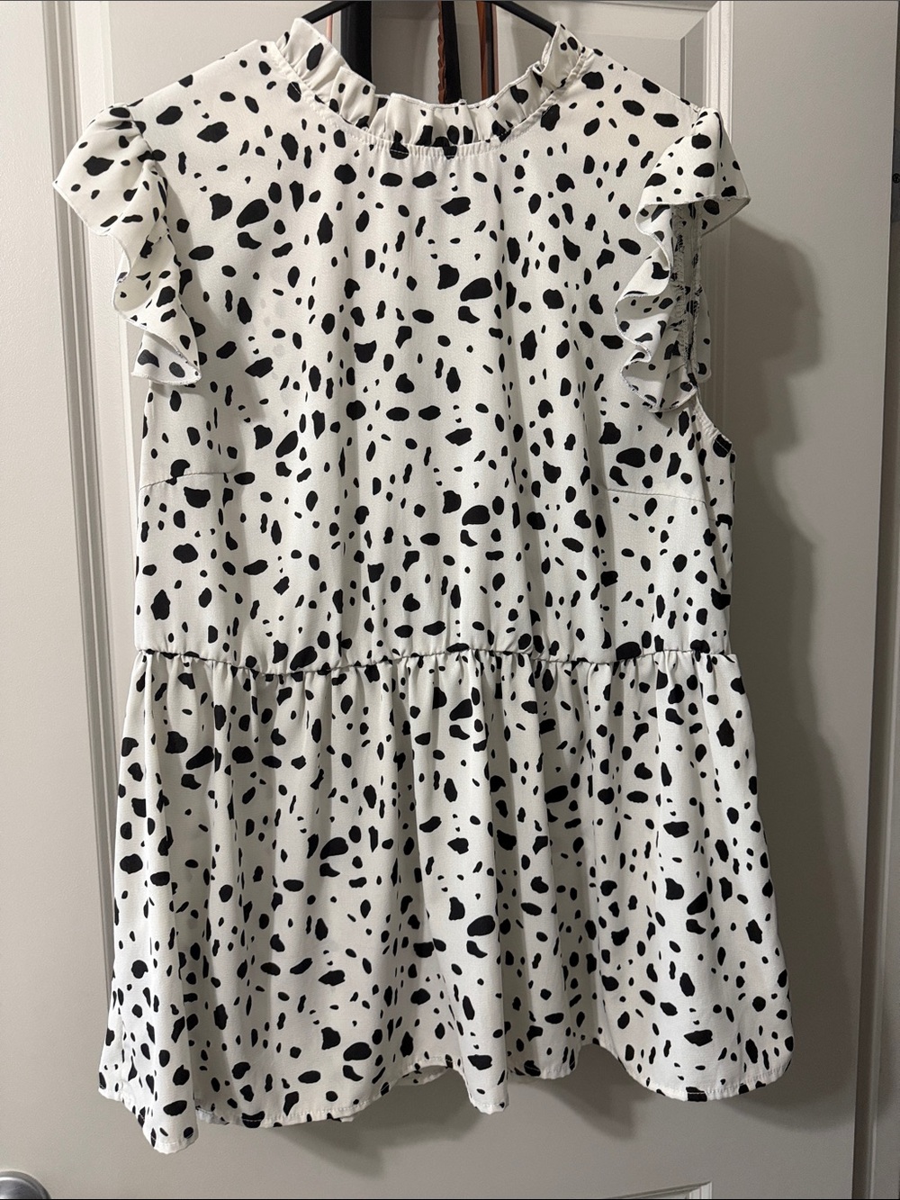 SHEIN Black & White Dalmatian-Spot Ruffle Tiered Blouse
